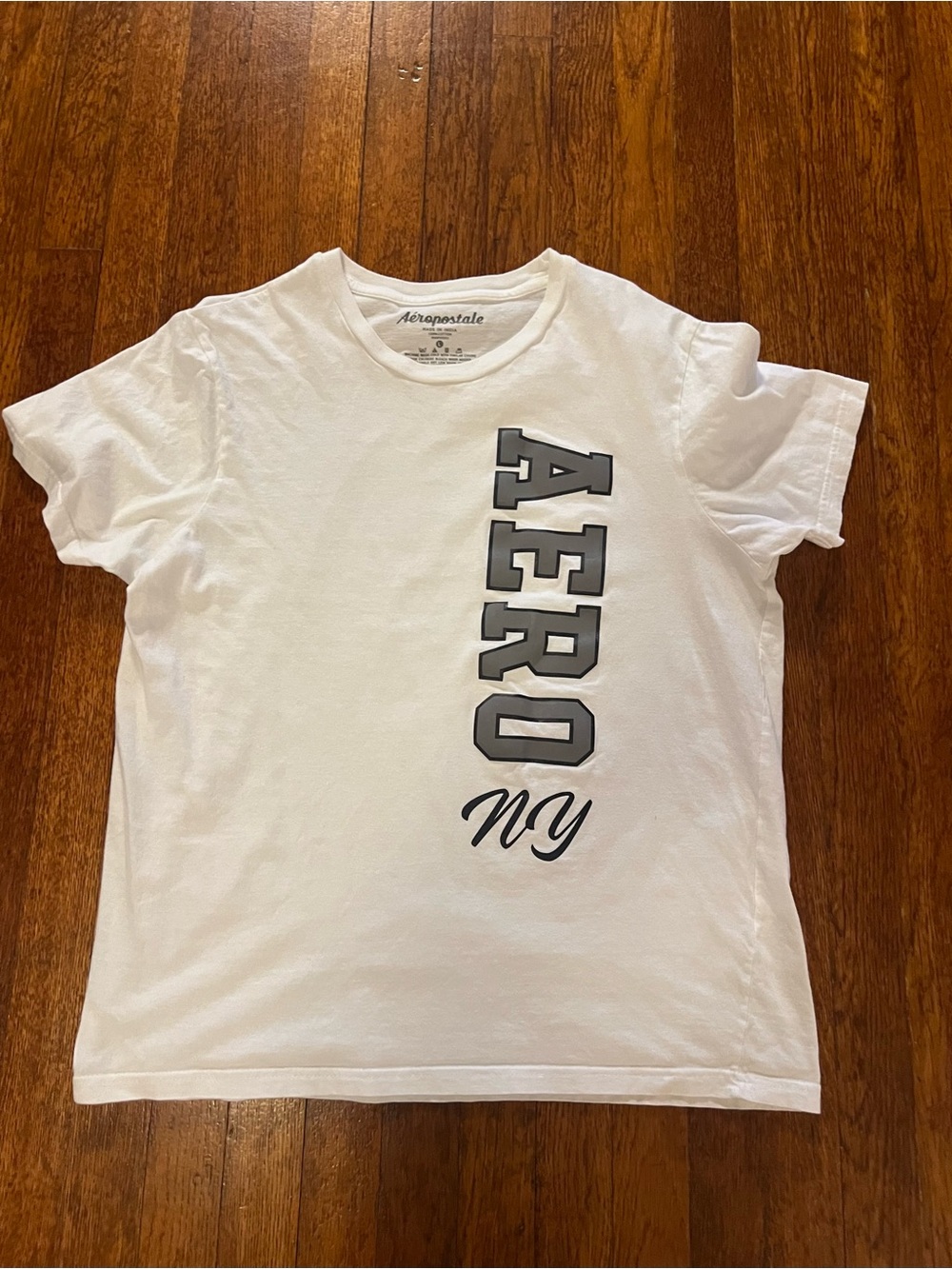 Aeropostale White T-Shirt with Gray Vertical 'AERO' and Black 'NY'